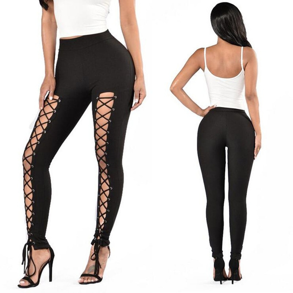 New Fashion Women Sexy Leggings Punk Black Bandage Leggings Ladies Casual  Lace Up Tights Pants Trousers S-XL