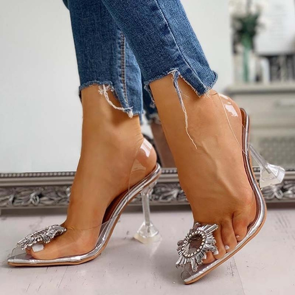 Ojiaoer Women's Clear Heels Shoes, Crystal Rhinestones Slingback Wedding Shoes Pointed Toe High Heel Sandals