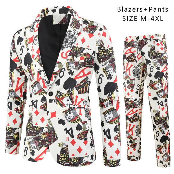 (Blazer+Pants) Fashion Men's Suit Poker Patterns Printed Casual Men ...