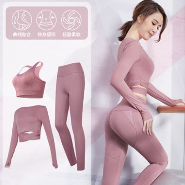 NEW Seamless 3 Piece Yoga Set Workout Clothes for Women Fitness Legging Gym  Set Long Sleeve Gym Crop Top