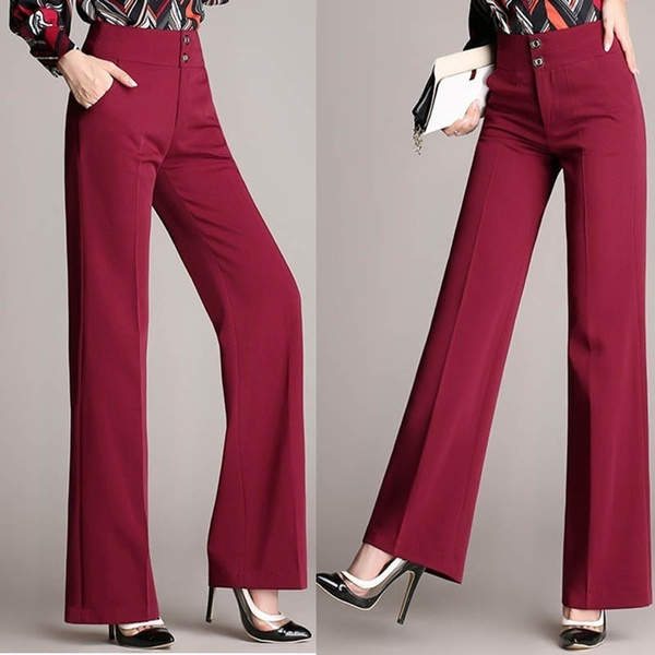 Wide Leg Trousers Women, Ladies Green Trousers Solid Color Chiffon Zippered  Button Side Elastic Pockets Straight Pants Summer Baggy Wide Leg Trousers  High Waist Flares Pants For Women Office Work Le :