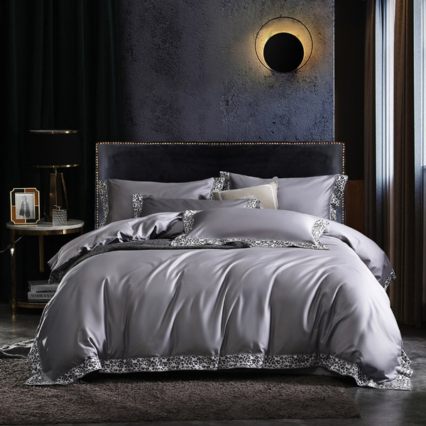 Egyptian Cotton Light Gray 4pcs Bedding, Light Gray Bed Sheets Queen