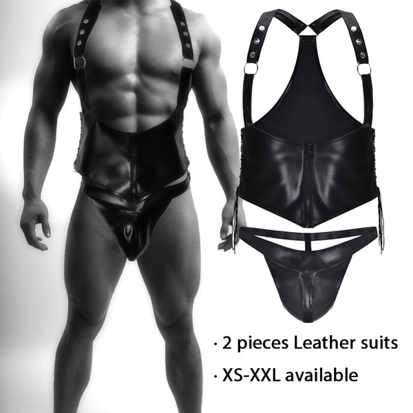 Men Black Leather Bib Top Vest with Leather Underwear Black Leather Costume  2 Pieces Leather Suits