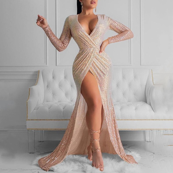 Women Glitter Plunge High Slit Ruched 