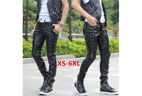 Men Ambition Punk Rock Style Leather Pants Black Steampunk Gothic Slim  Personalized Long Trousers Plus Size XS-6XL