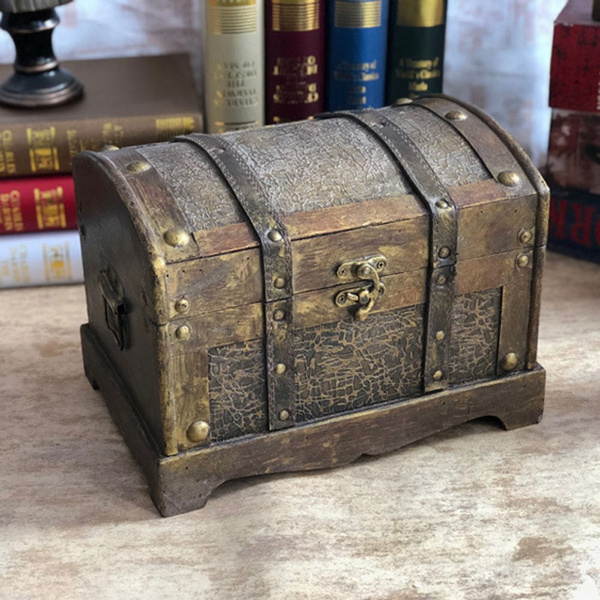 Wooden Treasure Chest Jewelry Box Keepsake Trunk for Home Decorative Storage 