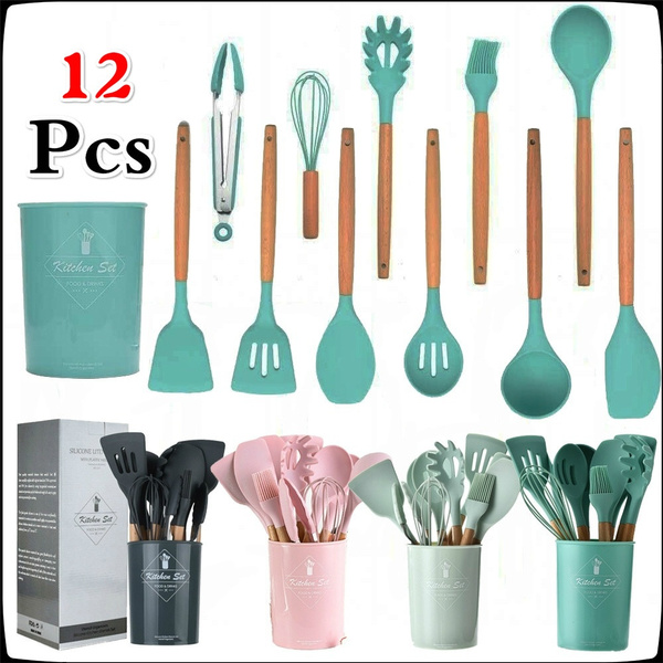 12pcs Wooden Handle Silicone Kitchen Utensils Set For Nonstick