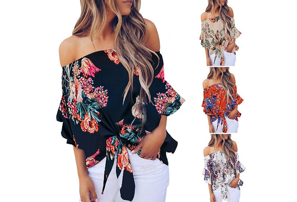 Asvivid Womens Summer Floral Pinted Off The Shoulder Tops 3 4 Flare Sleeve Tie Knot T-Shirt Blouses
