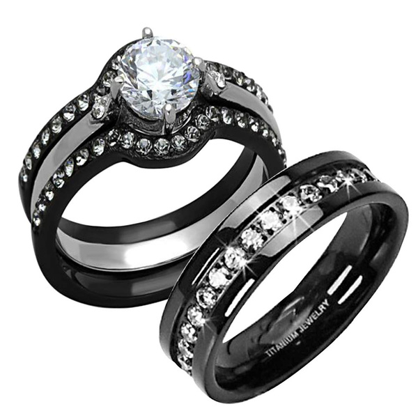 His and Hers Stainless Steel Women's Wedding Ring Set Black Round CZ ...