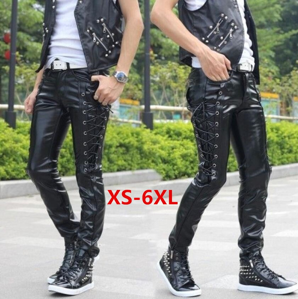 Men Ambition Punk Rock Style Leather Pants Black Steampunk Gothic Slim  Personalized Long Trousers Plus Size XS-6XL