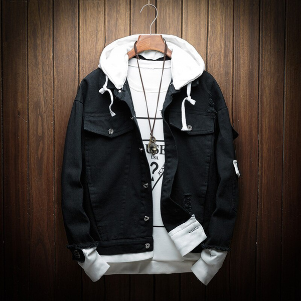 Casual Men Hooded Denim Jacket Loose 