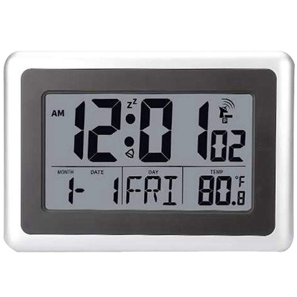 Atomic Digital Wall Clock Large Lcd Display Battery Operated Indoor Temperature Calendar Table Standing Snooze Without Back Light Silver Wish - Battery Operated Lighted Wall Clocks
