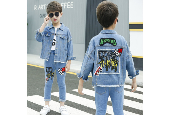 1PC Kids Boy Fashion Coat Clothes Young Children Boy Denim Letters Print  Jacket Fit 4-15 Years