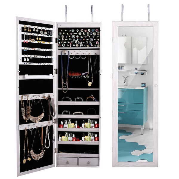 Door Wall Mounted Mirrored Jewelry Cabinet Armoire Makeup Storage Organizer Wood Box With Mirror 2 Drawers Wish Door Wall Mounted Mirrored Jewelry, Wall Mirror Storage Box