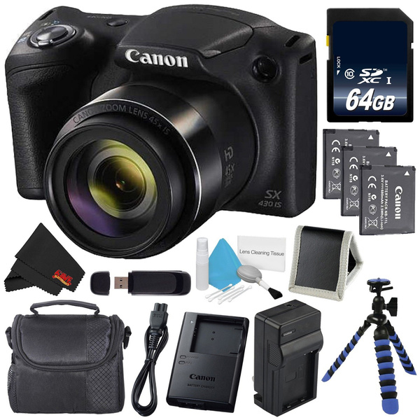 Canon Powershot SX430 is Digital Camera (Black) (International Model) +  NB-11L Lithium Ion Battery + External Rapid Charger + 64GB SDXC Class 10  Memory Card + Small Soft Carrying Case Bundle | Wish