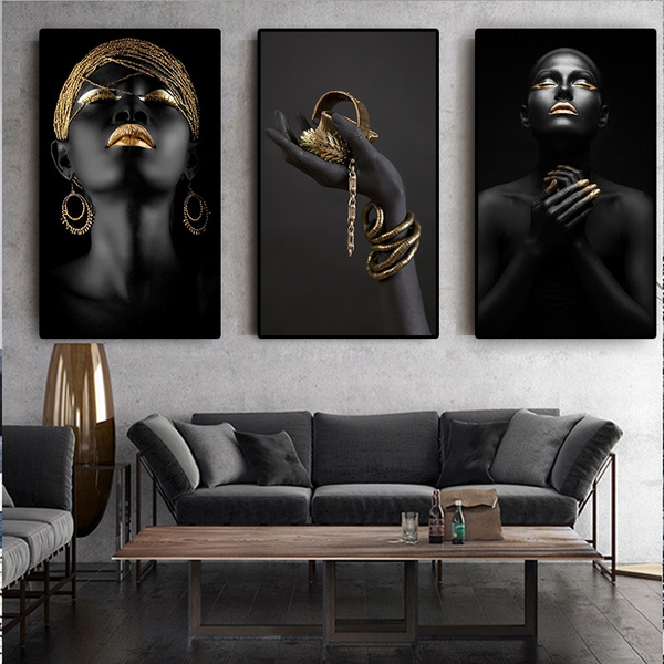 3P Black Hand African Nude Contemplator Woman Oil Painting on Canvas Cuadros Posters and Prints Wall Art Picture for living room/ No frame / Wish image