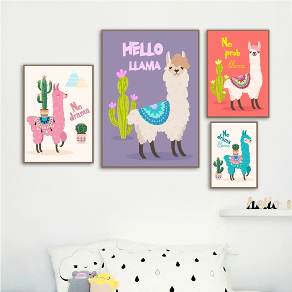 Llama Cactus Nursery Canvas Posters Prints Cartoon Animals Kids Room Wall Decor 