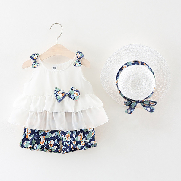 Infant Girls Sleeveless Bow Ruffles Tops+Floral Print Shorts+Hat Baby Outfits 