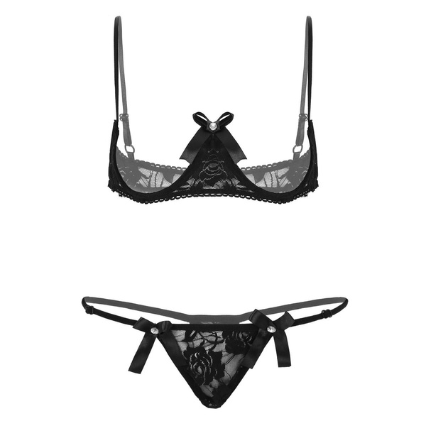 2Pcs Womens Elastic Adjustable Straps Unlined Semicircular Underwired Shelf  Bra Clubwear with Low Rise G-string Briefs #S-XXL