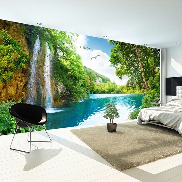 3D Wall Mural Wallpaper Home Decor Green Mountain Waterfall Nature Landscape