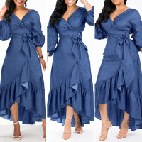 Wish de clientes: Women's Fashion Puff Sleeve Deep V Neck Tunic Denim Ruffled Dress Irregular Hem Elegant Party Long Dresses Vestidos S-5XL