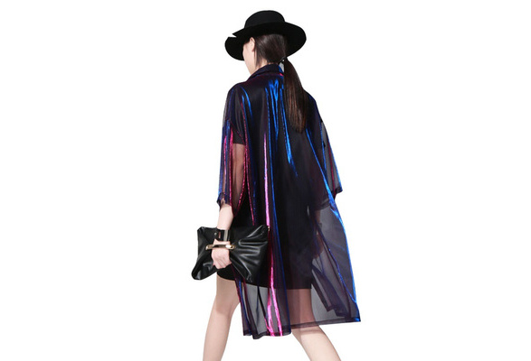 Lady Holographic Laser Transparent Shirt Jacket Iridescent Top Outwear Fashion# 
