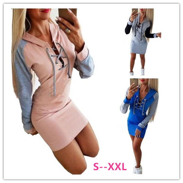 Pullover knee length Hoodie dress casual Sweatshirt Dress Lady Wish