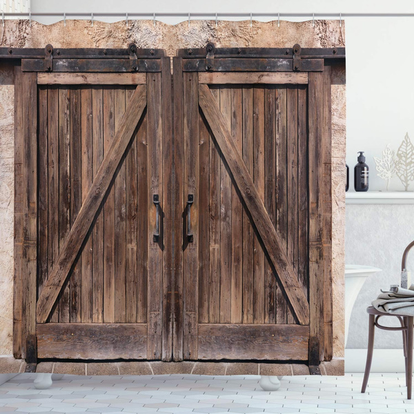 Rustic Shower Curtain Wooden Barn Door In Stone Farmhouse Image Vintage Desgin Rural Art Architecture Print Cloth Fabric Bathroom Decor Set With Hooks Wish Rustic Shower Curtain Wooden Barn Door, Rustic Farmhouse Shower Curtain Hooks