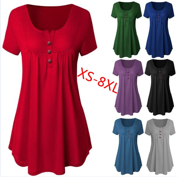 Plus Size XS-8XL Women Summer Casual Deep V-neck Short-Sleeve Tops Solid  Color Blouses Button Hem Loose T-Shirt Ladies Fashion Pleated Tunic Tops