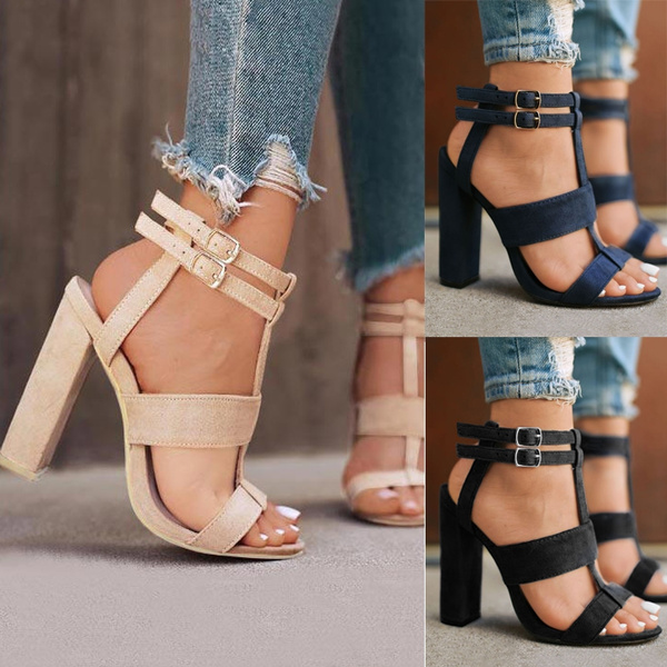 solid buckle strap heeled sandals