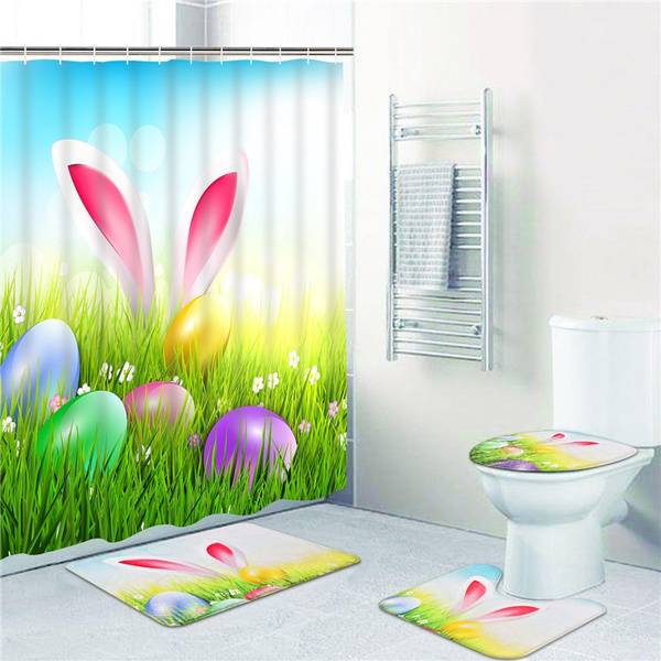 Bath Mat And 12 Hooks Curtains, Easter Bunny Shower Curtain Hooks