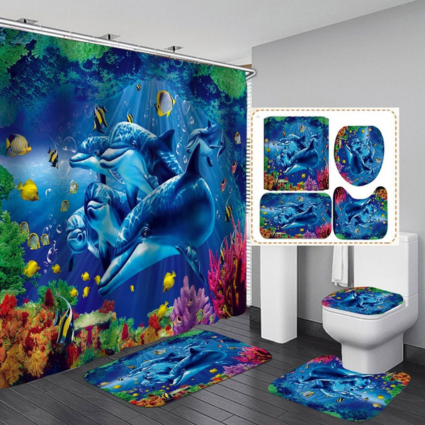 Coral  Dolphin Printed Shower Curtain Non Slip Toilet Cover Mat Set Bathroom 
