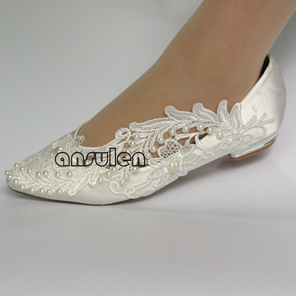 su.cheny Low heel White pearl flat lace satin Wedding Bridal shoes 