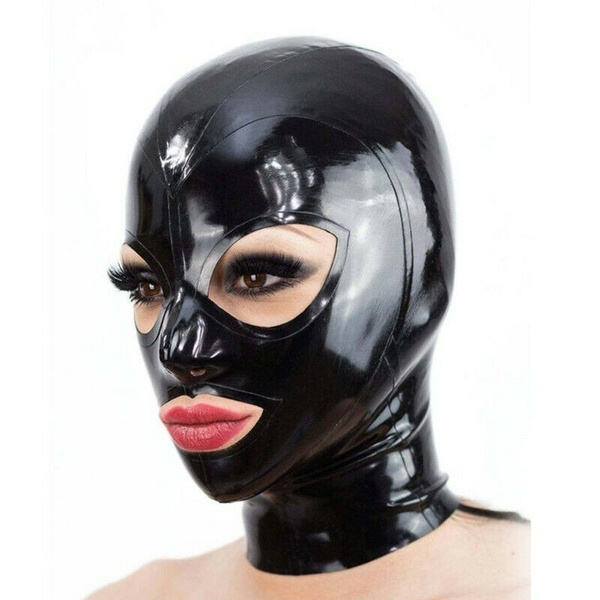 Black Latex Hood Back Zipper Open Eyes Mouth Sexy Rubber