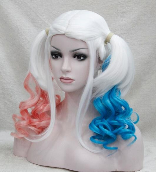 Suicide Squad Harley Quinn Gradient Curly Pink Blue Ponytail Cosplay ...