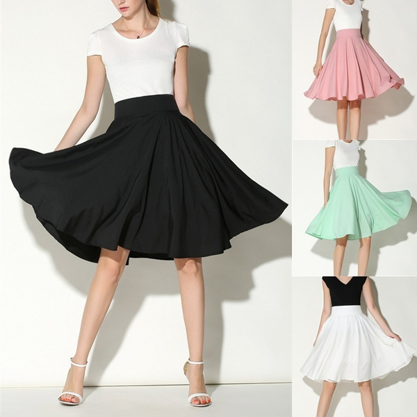 Women Summer Casual A-line High Waist Skirt Vintage Elegant Pleated Skirt
