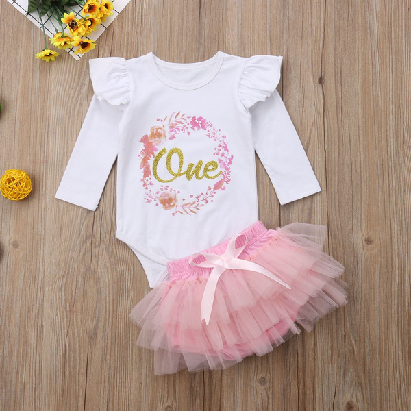 Baby Girls 1st Birthday Outfits Long Sleeve Romper Tops Tutu Skirt Dress Clothes 