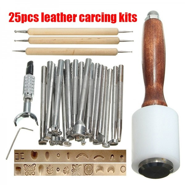 25PCS Manual Leather Craft Stamping Carved Wooden Hammer Embossing Tools Kit Set 