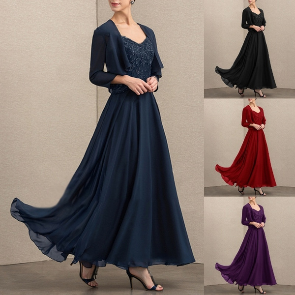 5 Color New Fashion Women A-Line Scoop Neck Tunic Dress Floor-Length  Chiffon Lace Mother of The Bride Dress Elegant Party Dress Plus Size S-5XL