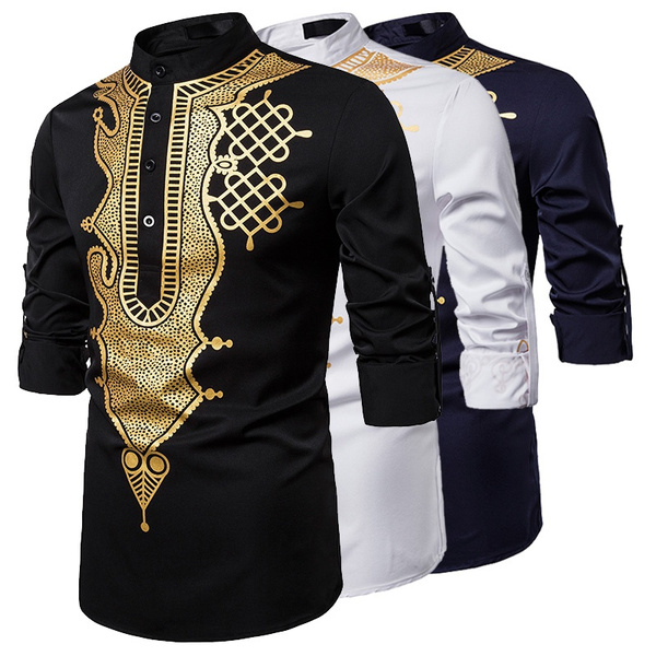 Luxfan US Plus Size Prime Mens Dashiki African Clothing Traditional Printed Long Henley Shirt 