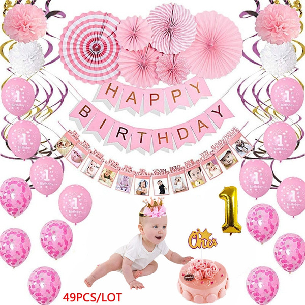 49PCS/LOT 1st Birthday Baby Girl Decoration Set Pink Princess Theme with  Crown Happy Birthday Banner Baby Photo Banner Latex Balloons Cake Topper  Paper Birthday Decor