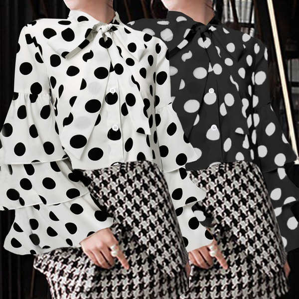 Women Ruffles Polka Dot Blouse Chiffon 