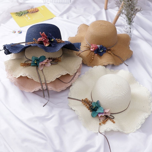 Youth Sun Hat Straw Fashion Woman Beach Big Flower Decoration Beach Hat Flat Top Hat Sun Hat