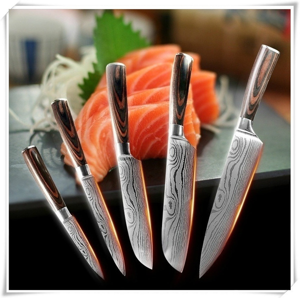 5Pcs Kitchen Knife Set Damascus Pattern Stainless Steel