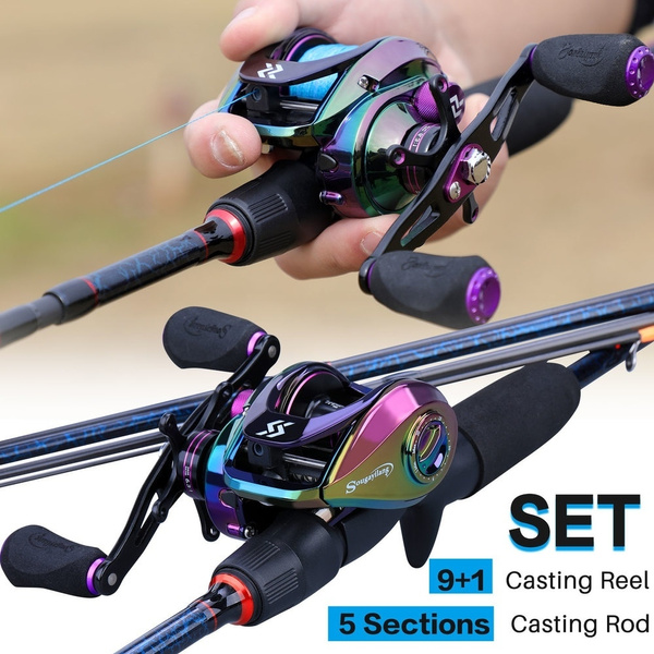 Fishing Rod Reel Combos with 5 Section Portable M Power Casting Rod and  Colorful 10BB Baitcasting Reel Bass Fishing Tackle Set