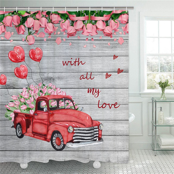 Red Truck Valentine Shower Curtain With, Valentine Shower Curtain