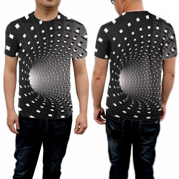 3D Optical Illusion Print O Neck Short Sleeve Shirt Blouse Balakie Trendy Tops for Men