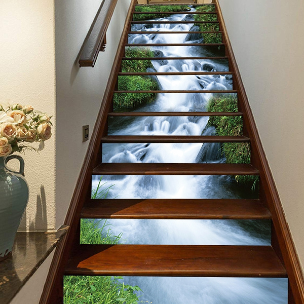 13 PCS 3D Green Grass River Natural Landscape Self-Adhesive Stair