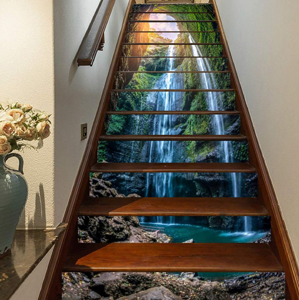 13 Pcs Waterfall in Deep Forest Self-Adhesive Stair Stickers