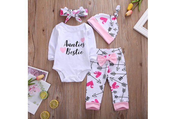 Aunties Bestie Newborn Infant Baby Girl Outfits Clothes 4Pcs Set Bodysuit  +Pants